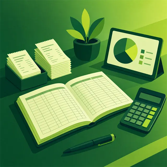 Illustrative example — organised admin desk with ledger, calculator and receipts