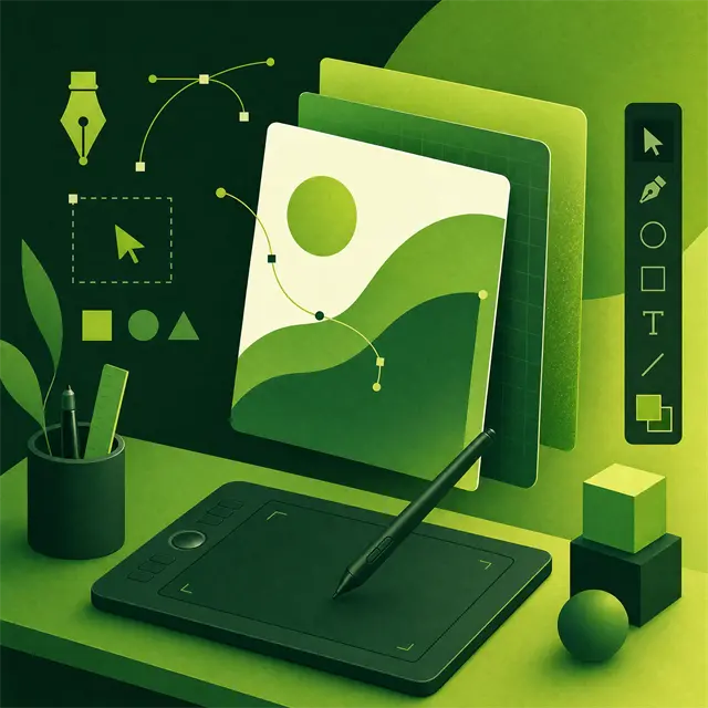 Illustrative example — designer desk with pen tablet and bézier curves