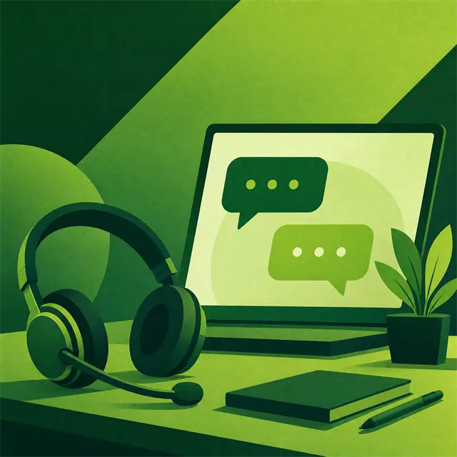 Illustrative example — support desk with headset and chat bubbles