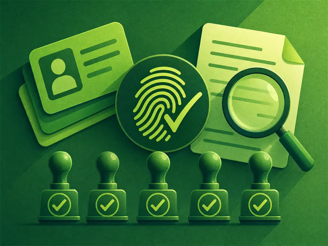 Illustration of the five verification checks — ID cards, fingerprint with tick, CV under a magnifying glass and five approval stamps