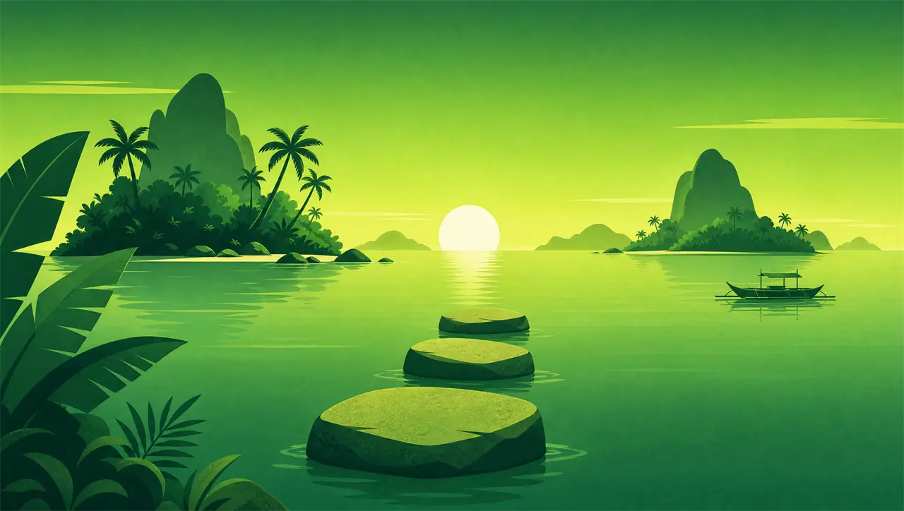 Illustration of stepping stones across calm water leading toward a sunrise between islands