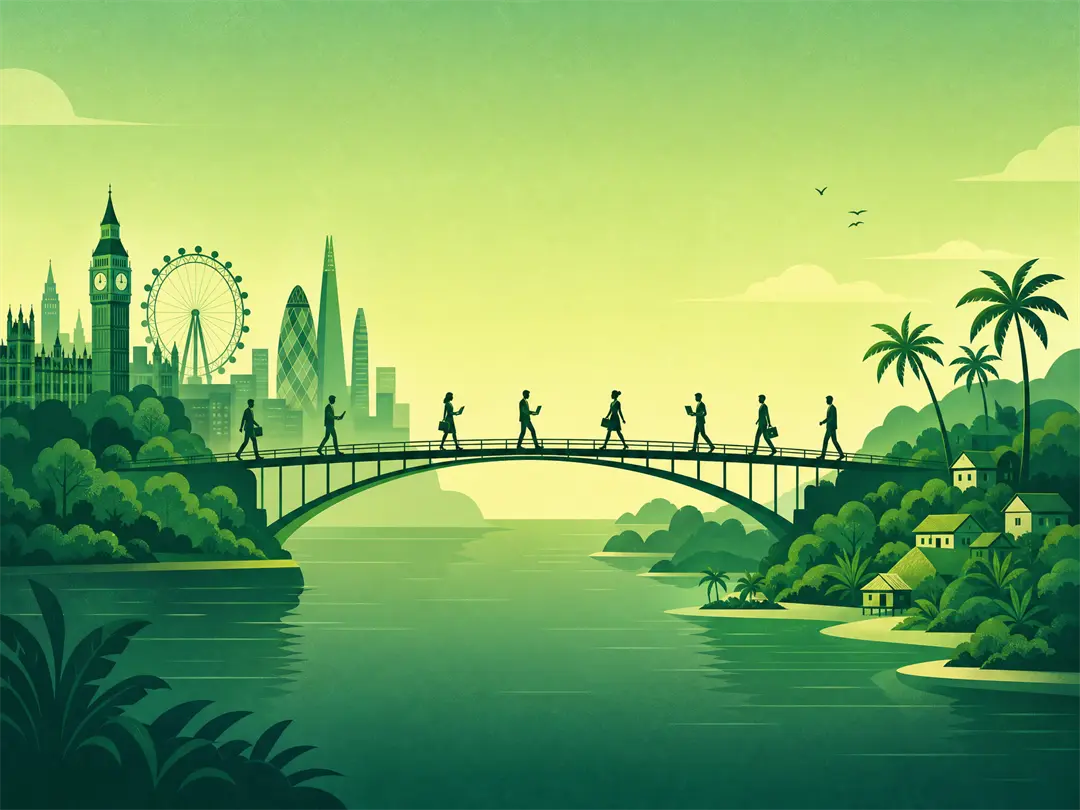 Illustration of a bridge connecting a global city skyline with Philippine islands, professionals crossing it with laptops